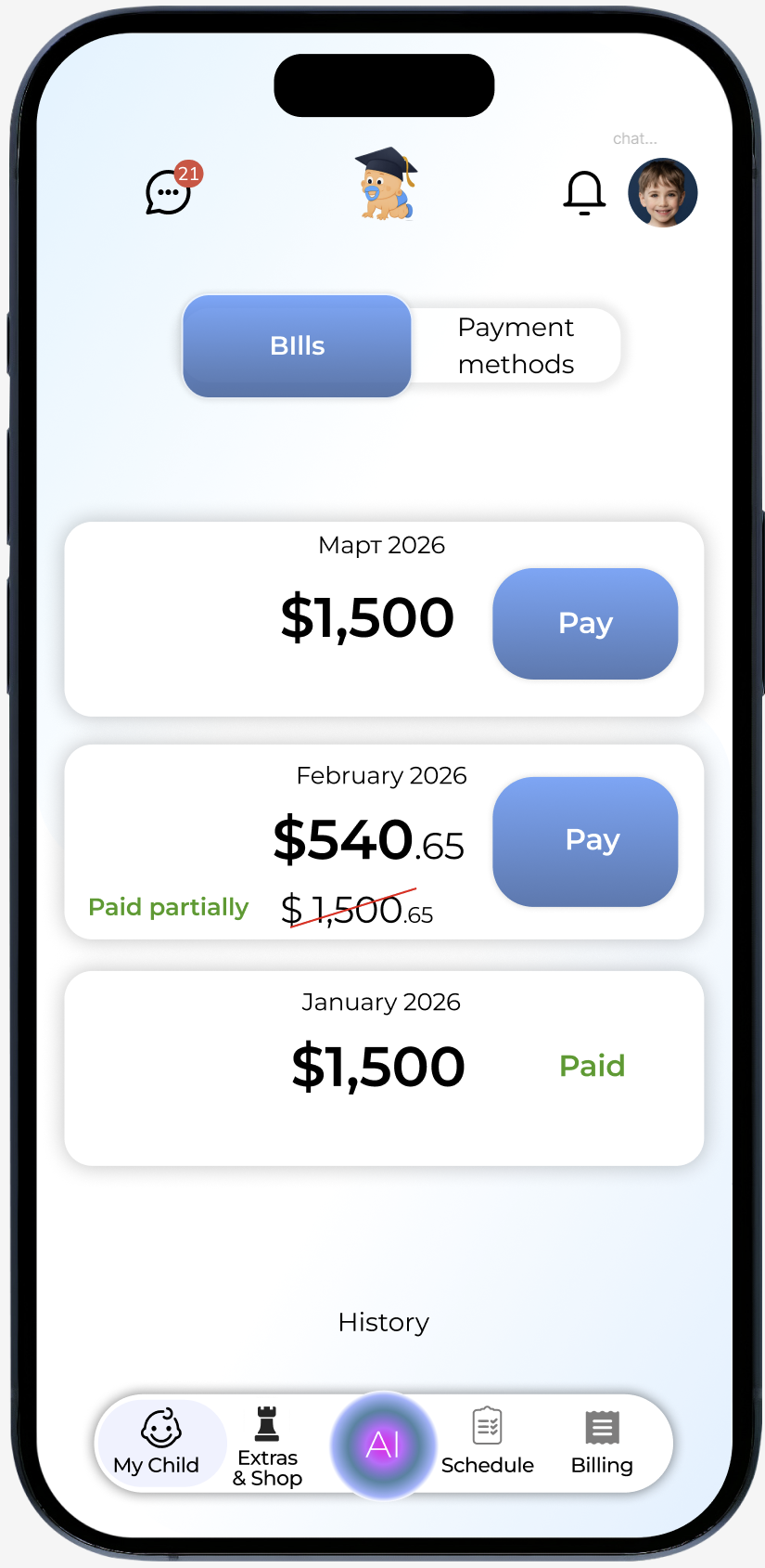AI Boss parent bills with Pay buttons